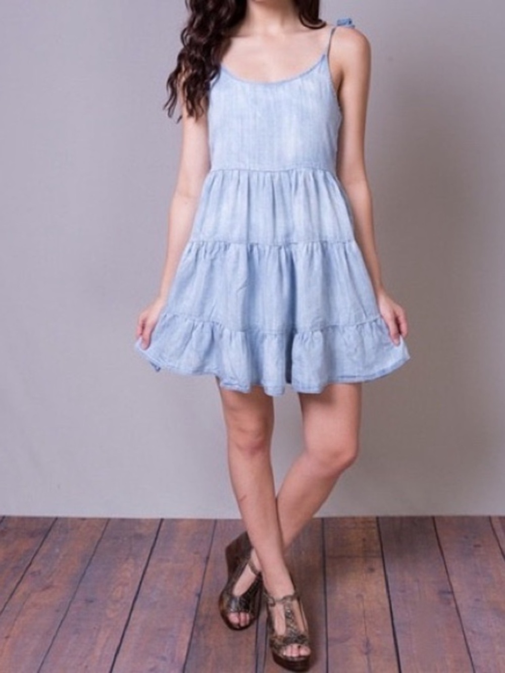 Rails Freya Dress Chambray Tiered Ruffle Spaghetti Strap Tencel Size Medium
